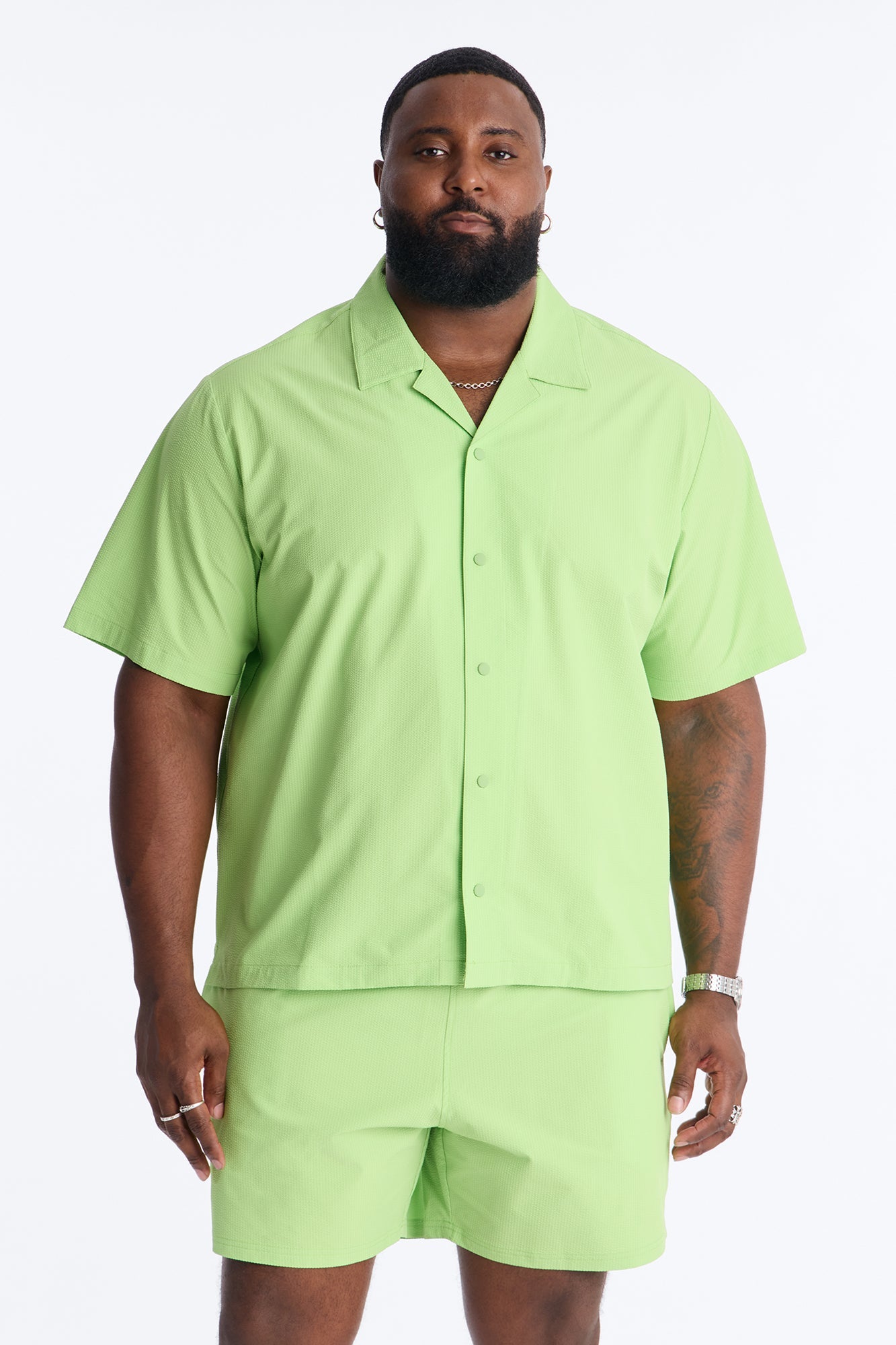Seersucker Short Sleeve Cuban Collar Shirt - Lime Fashion Nova