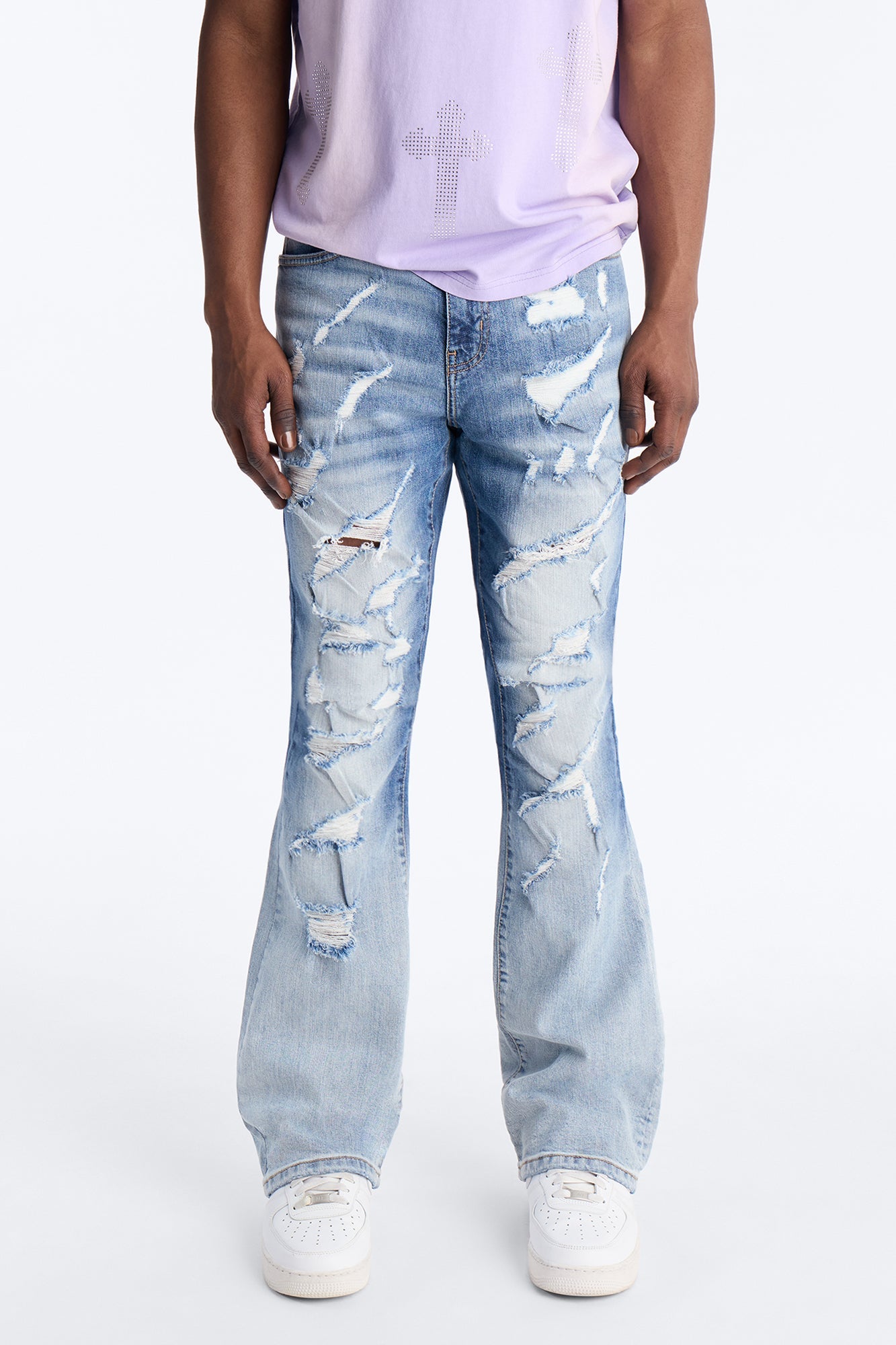 Stacked Skinny Flare Up And Destroyed Jean - Light Blue Wash Fashion Nova