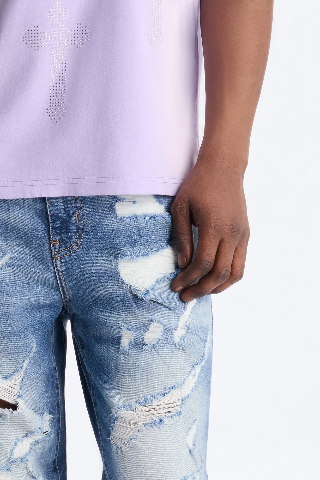 Stacked Skinny Flare Up And Destroyed Jean - Light Blue Wash Fashion Nova