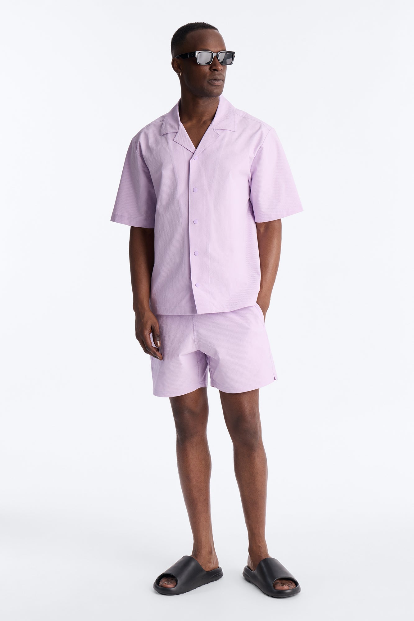 Seersucker Short Sleeve Cuban Collar Shirt - Lavender Fashion Nova