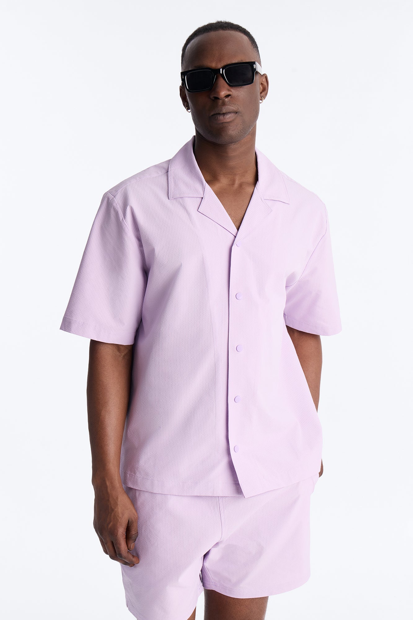 Seersucker Short Sleeve Cuban Collar Shirt - Lavender Fashion Nova