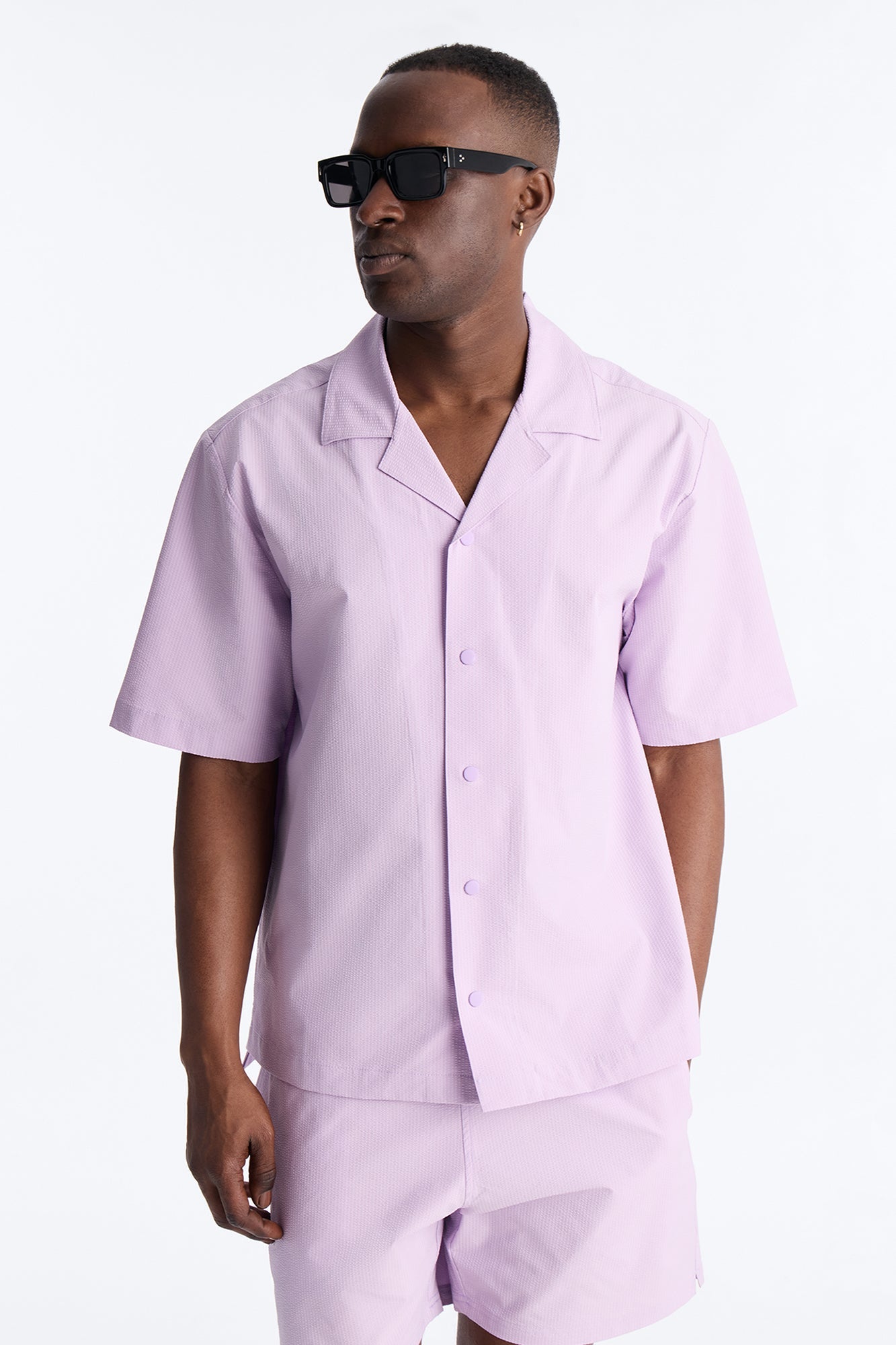 Seersucker Short Sleeve Cuban Collar Shirt - Lavender Fashion Nova