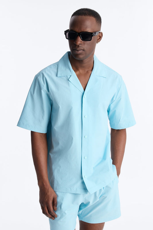 Seersucker Short Sleeve Cuban Collar Shirt - Light Blue Fashion Nova