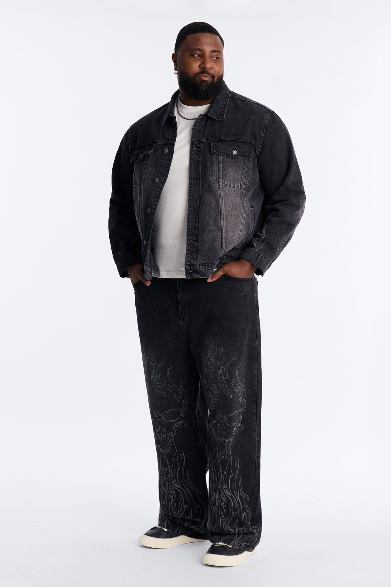 Cropped Hellfire Denim Trucker Jacket - Black Wash Fashion Nova