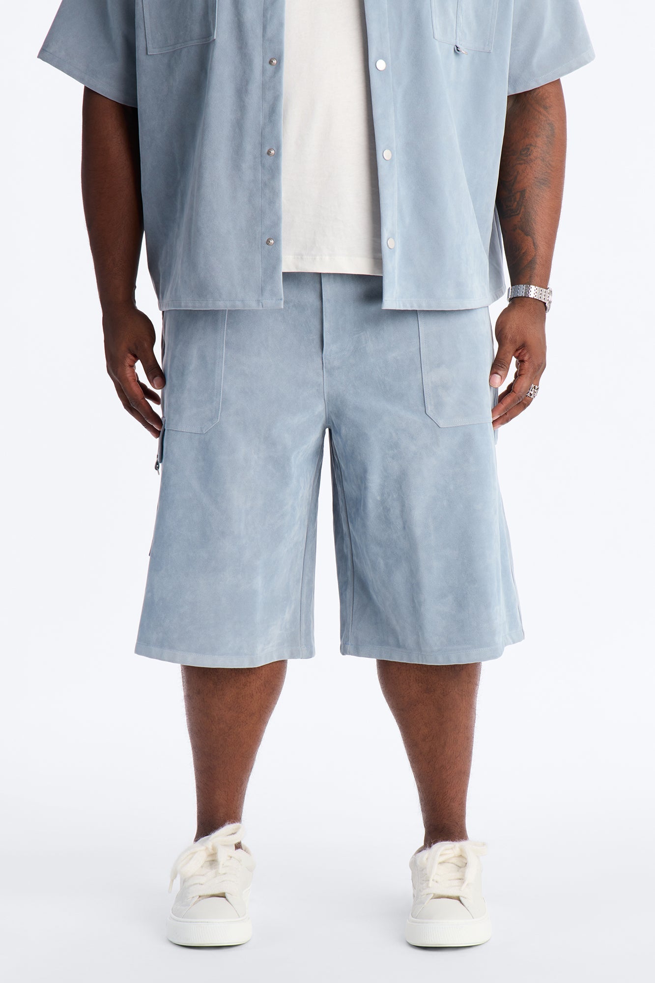 Baggy Freedom Ranch Faux Suede Utility Short - Light Blue Fashion Nova