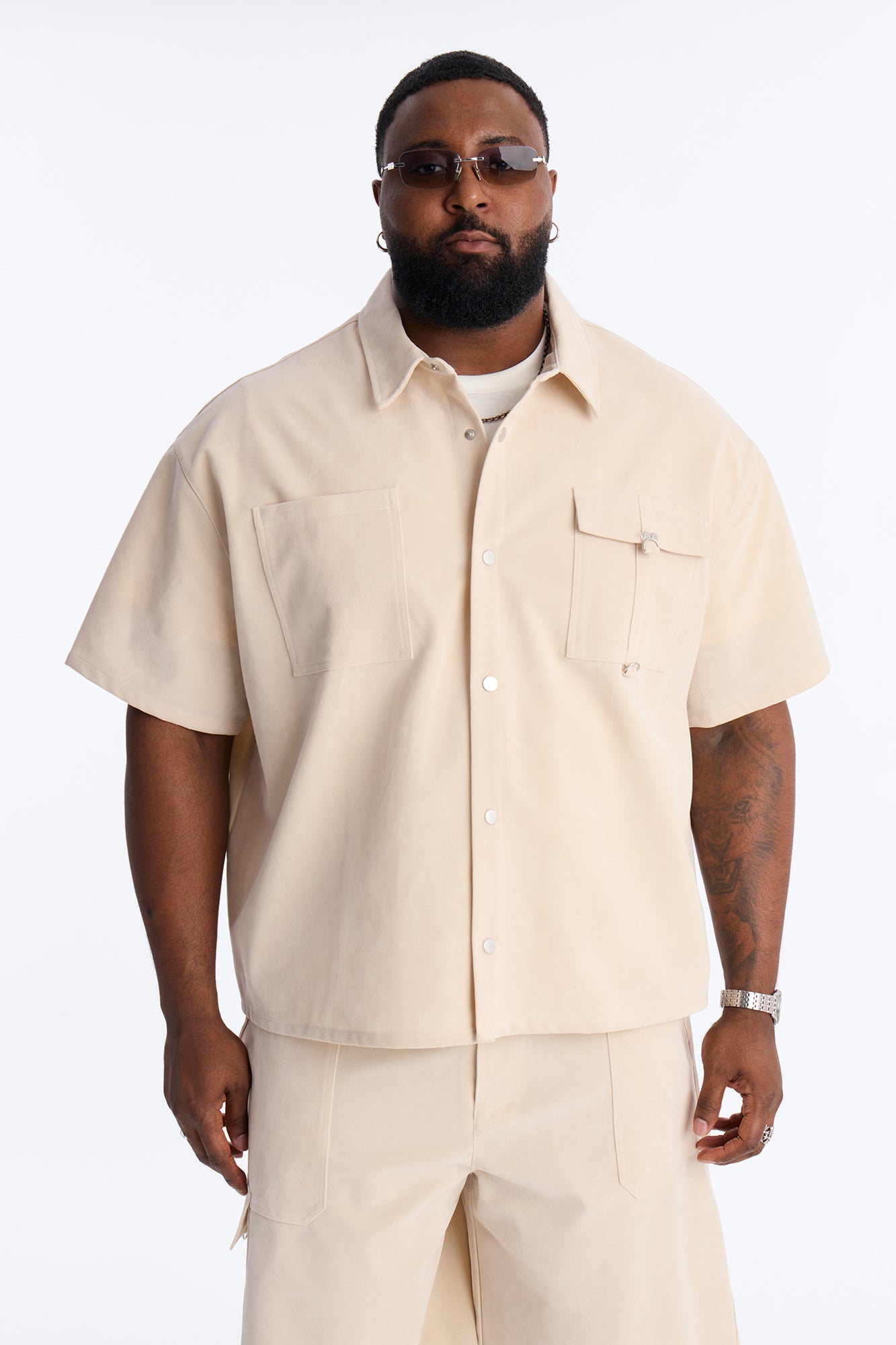 Boxy Cropped Ranch Faux Suede Utility Button Up Shirt - Stone Fashion Nova