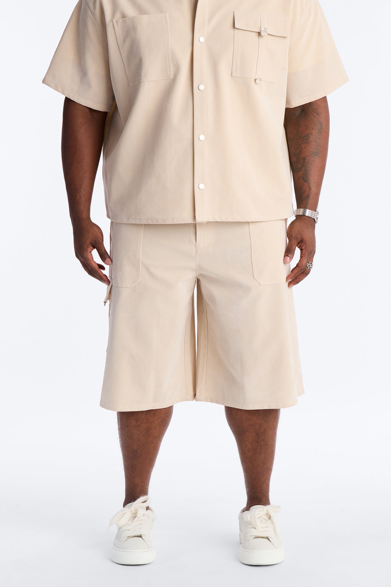 Baggy Freedom Ranch Faux Suede Utility Short - Stone Fashion Nova