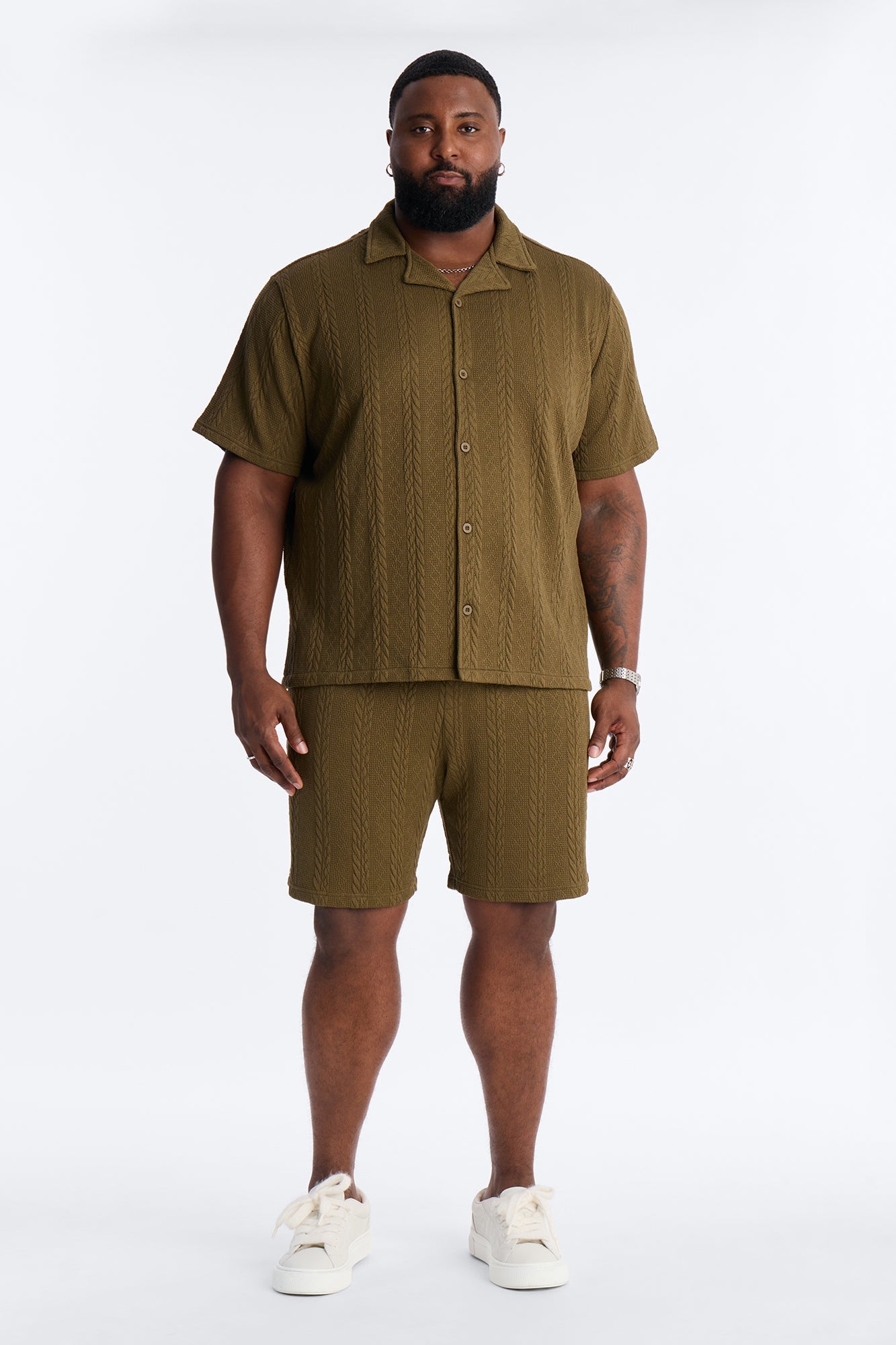 Textured Stripes Relaxed Drawstring Shorts - Olive Fashion Nova
