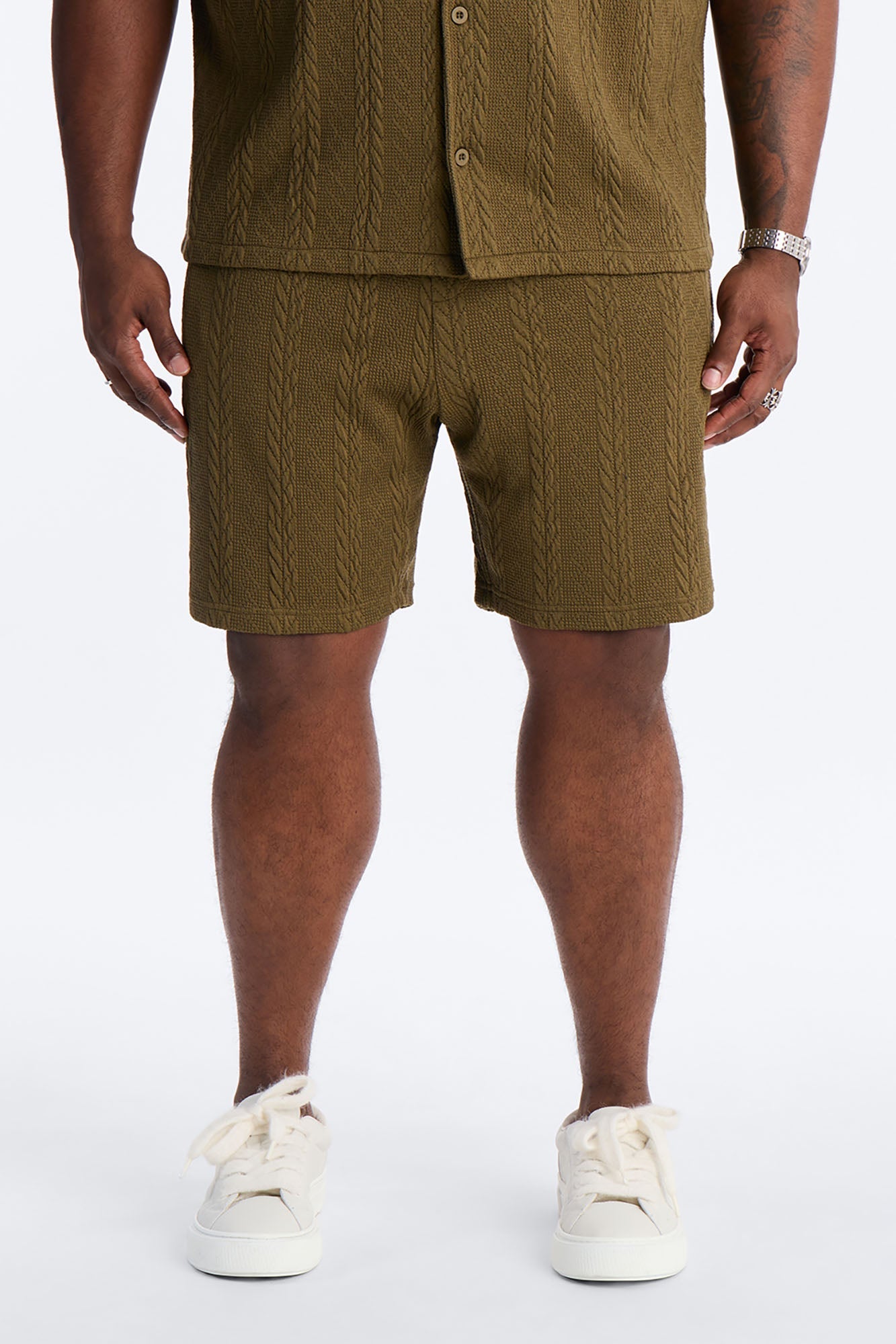 Textured Stripes Relaxed Drawstring Shorts - Olive Fashion Nova