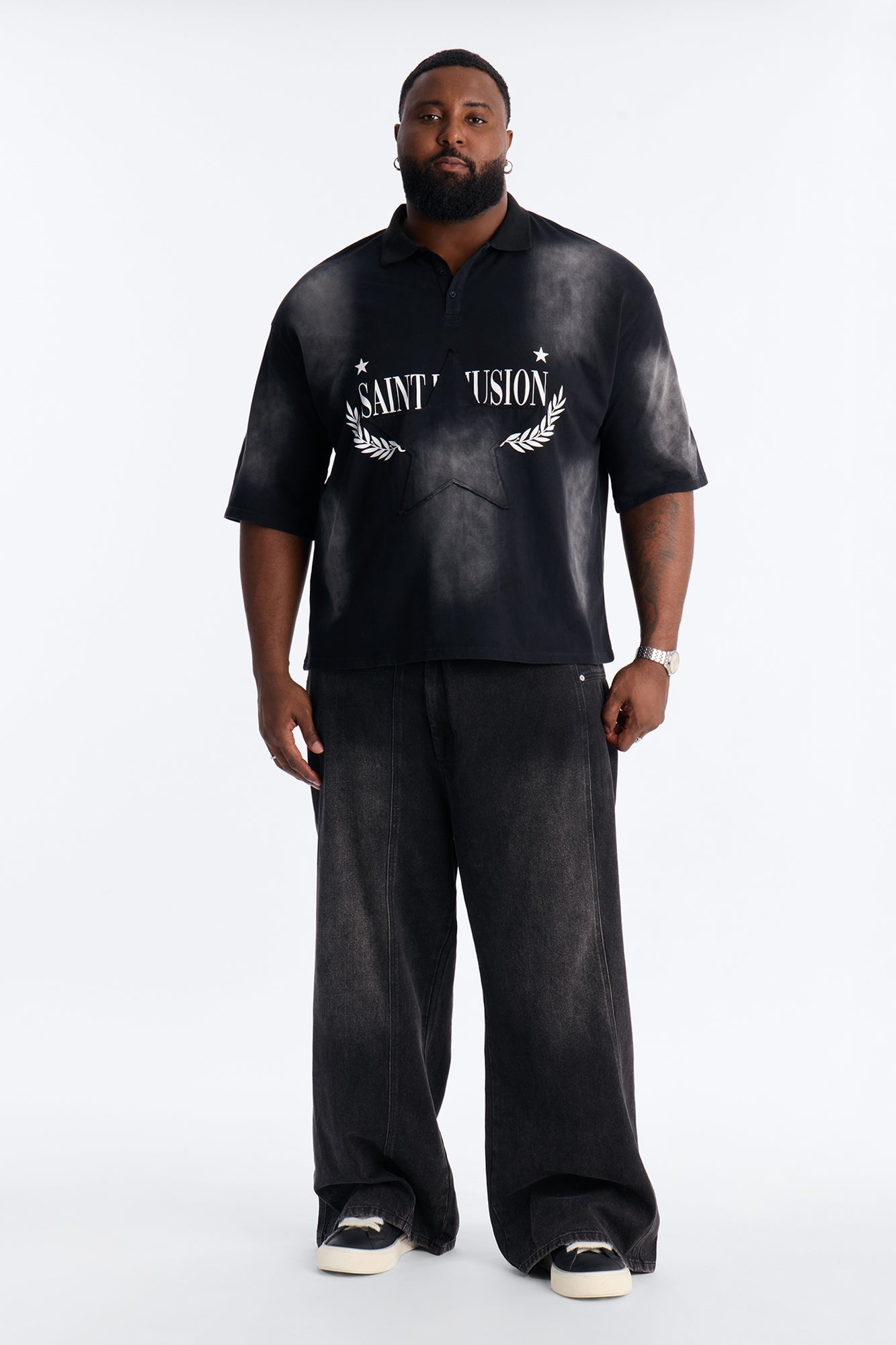 Stars And Saints illusion Short Sleeve Knit Polo - Black Fashion Nova