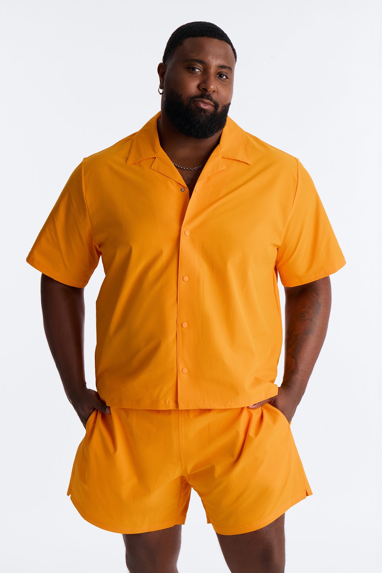 Seersucker Short Sleeve Cuban Collar Shirt - Orange Fashion Nova