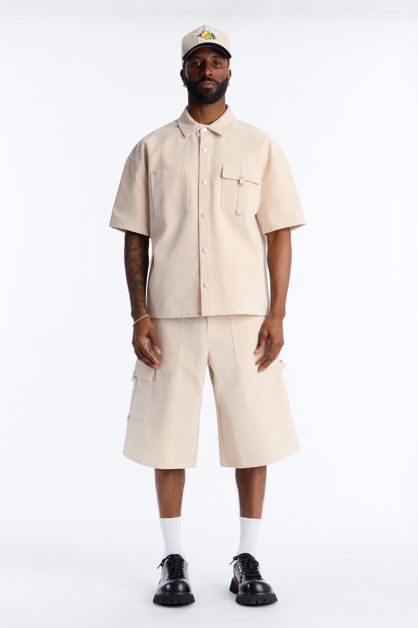 Boxy Cropped Ranch Faux Suede Utility Button Up Shirt - Stone Fashion Nova