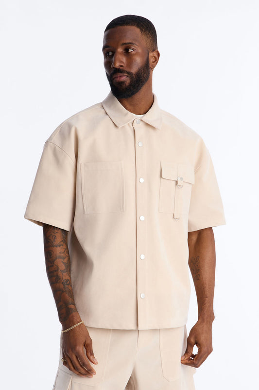 Boxy Cropped Ranch Faux Suede Utility Button Up Shirt - Stone Fashion Nova