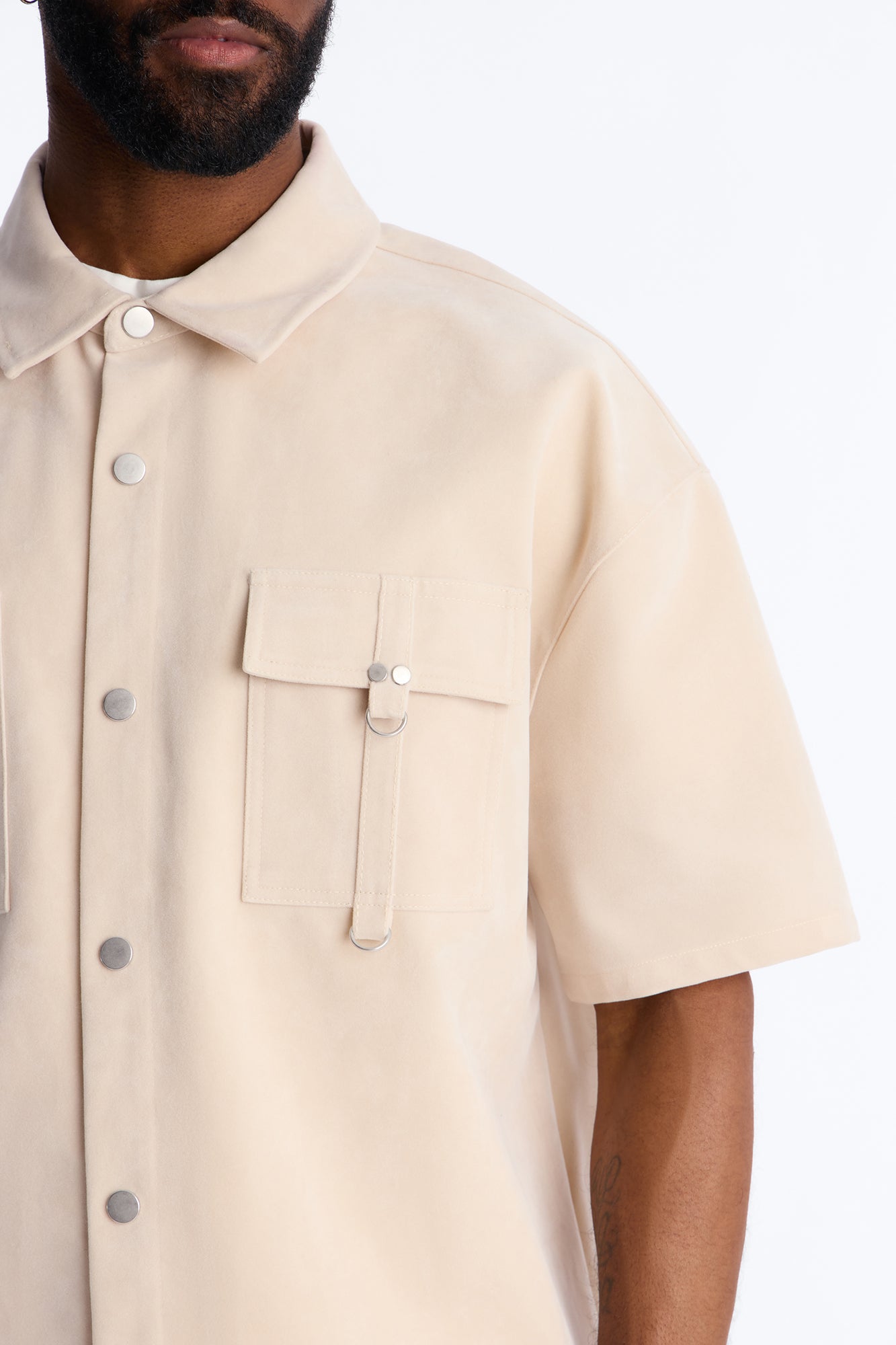 Boxy Cropped Ranch Faux Suede Utility Button Up Shirt - Stone Fashion Nova