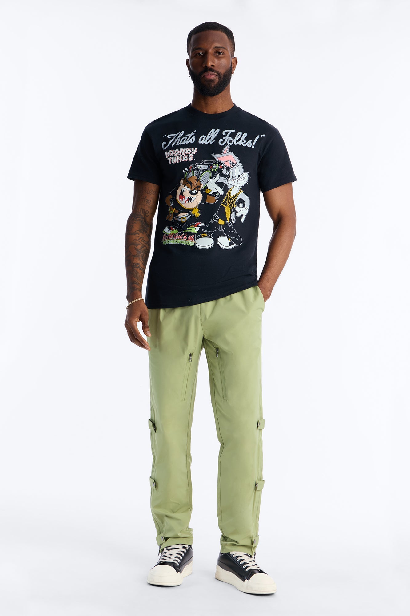 Looney Tunes Thats All Folks Rhinestone Short Sleeve Tee - Black Fashion Nova