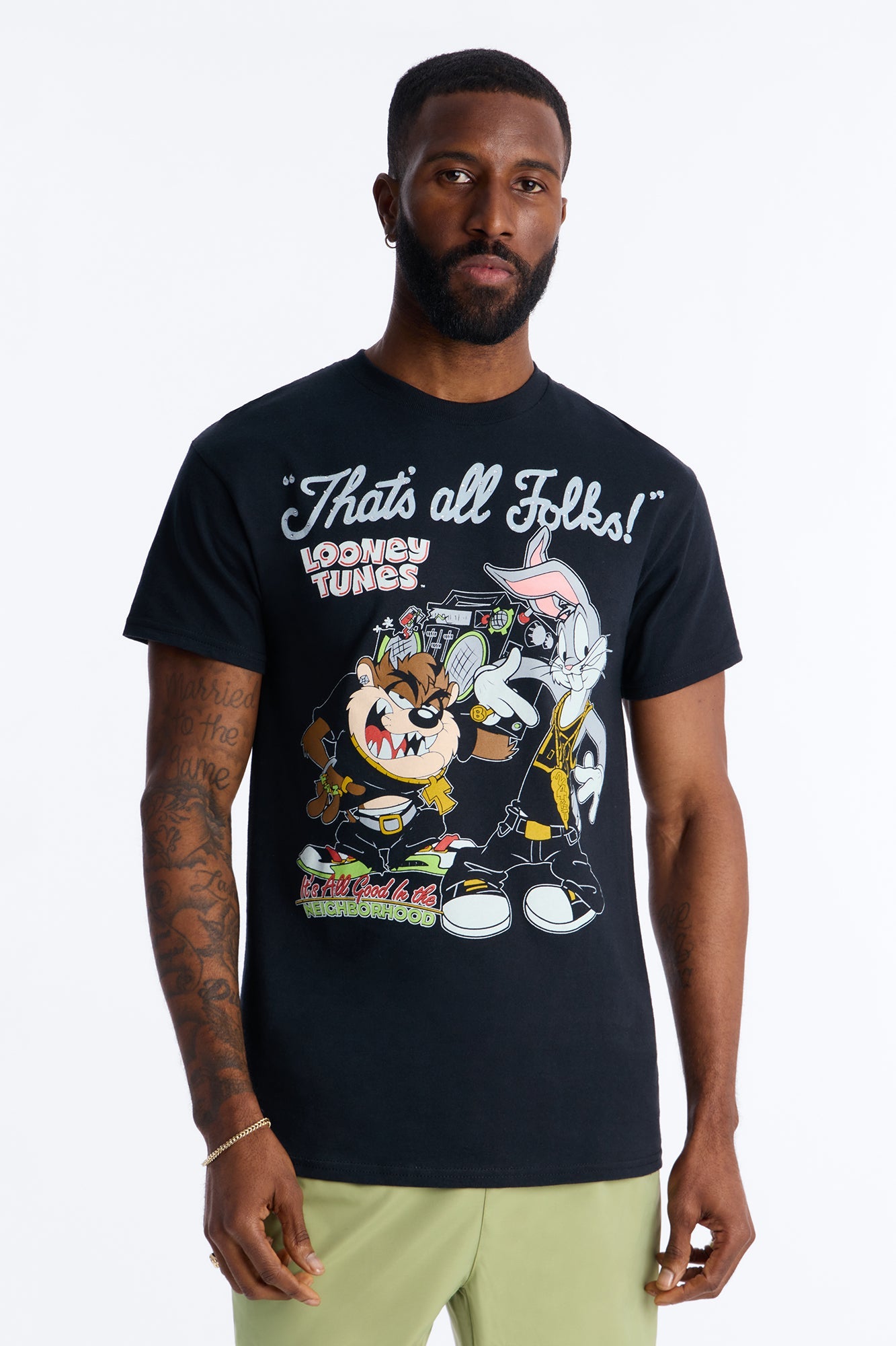 Looney Tunes Thats All Folks Rhinestone Short Sleeve Tee - Black Fashion Nova