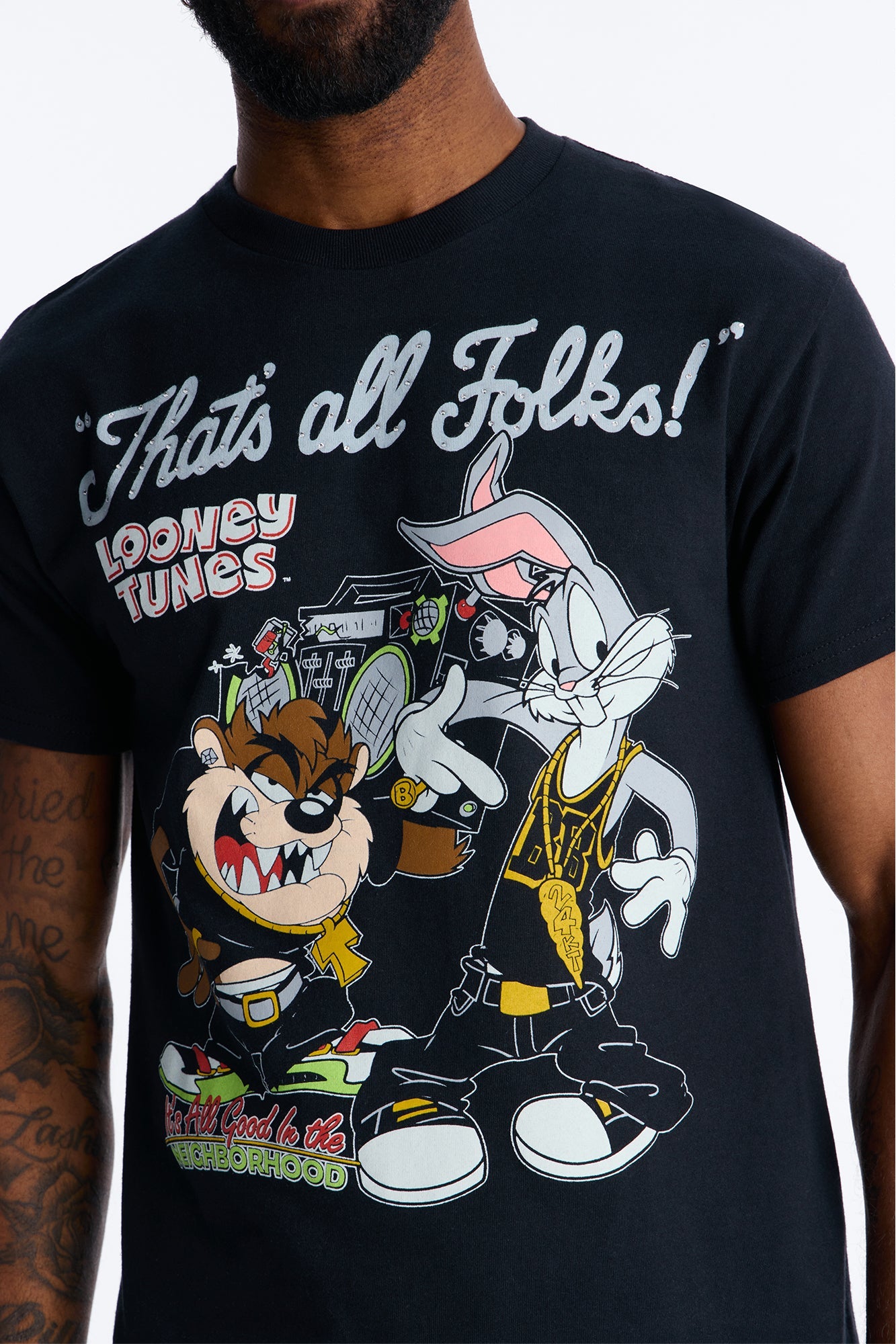Looney Tunes Thats All Folks Rhinestone Short Sleeve Tee - Black Fashion Nova