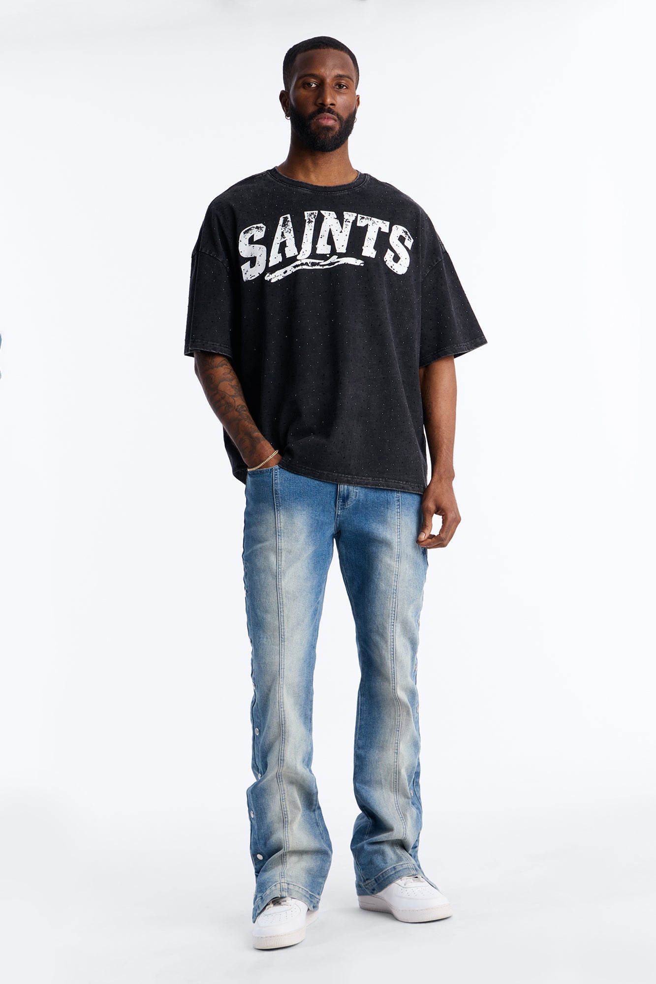 Saints Rhinestone Premium Short Sleeve Tee - Black Fashion Nova