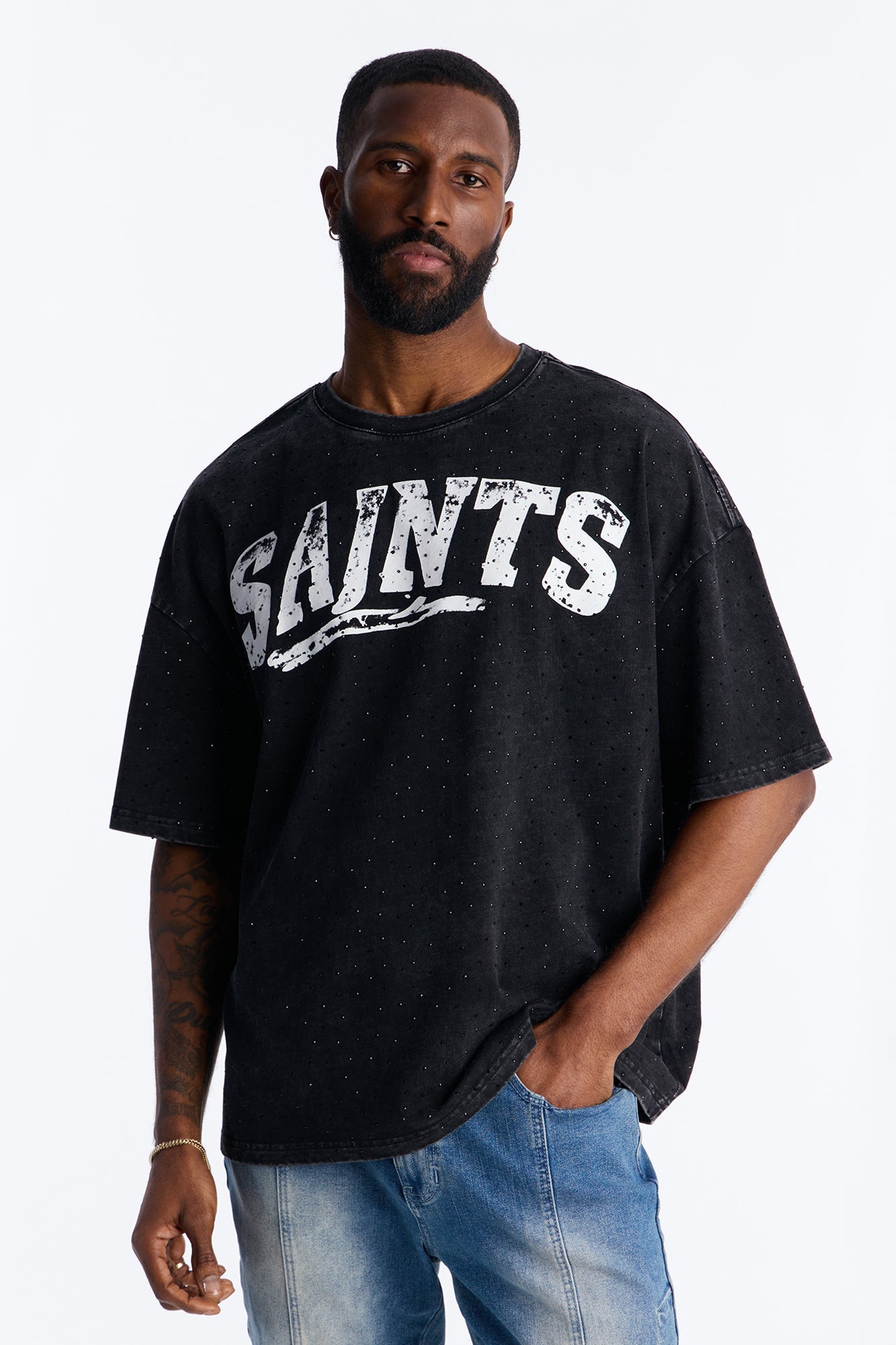 Saints Rhinestone Premium Short Sleeve Tee - Black Fashion Nova