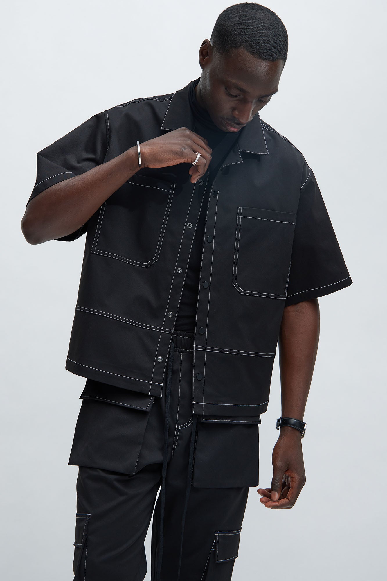 Curtis Contrast Stitch Boxy Shirt - Black Fashion Nova