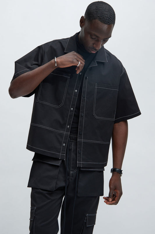 Curtis Contrast Stitch Boxy Shirt - Black Fashion Nova
