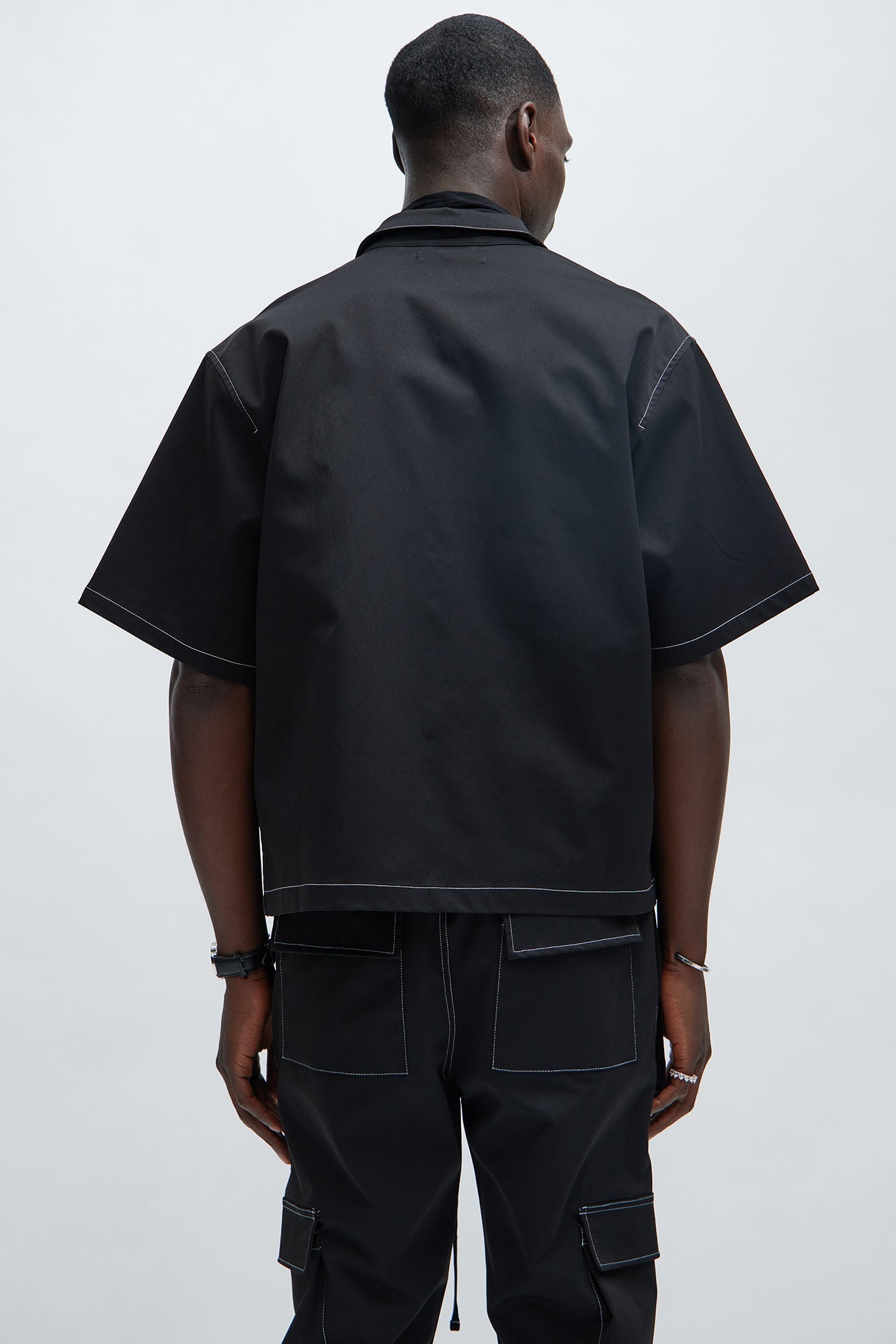 Curtis Contrast Stitch Boxy Shirt - Black Fashion Nova