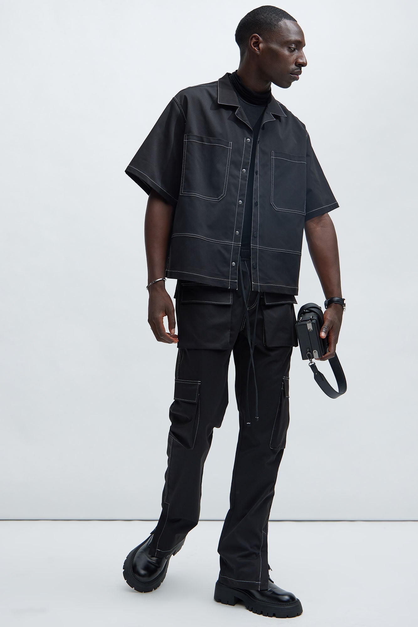 Curtis Contrast Stitch Relaxed Cargo Pants - Black Fashion Nova