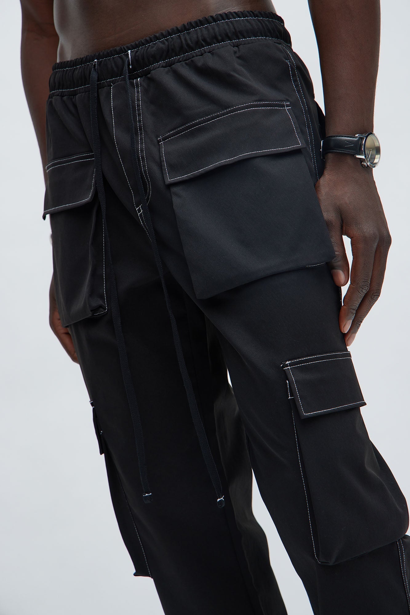 Curtis Contrast Stitch Relaxed Cargo Pants - Black Fashion Nova