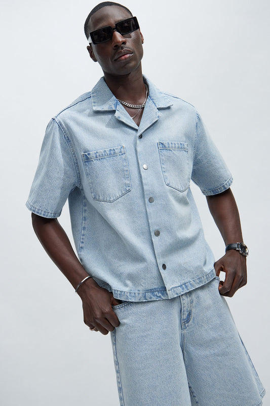 Colin True Denim Button Up Shirt - Light Blue Wash Fashion Nova