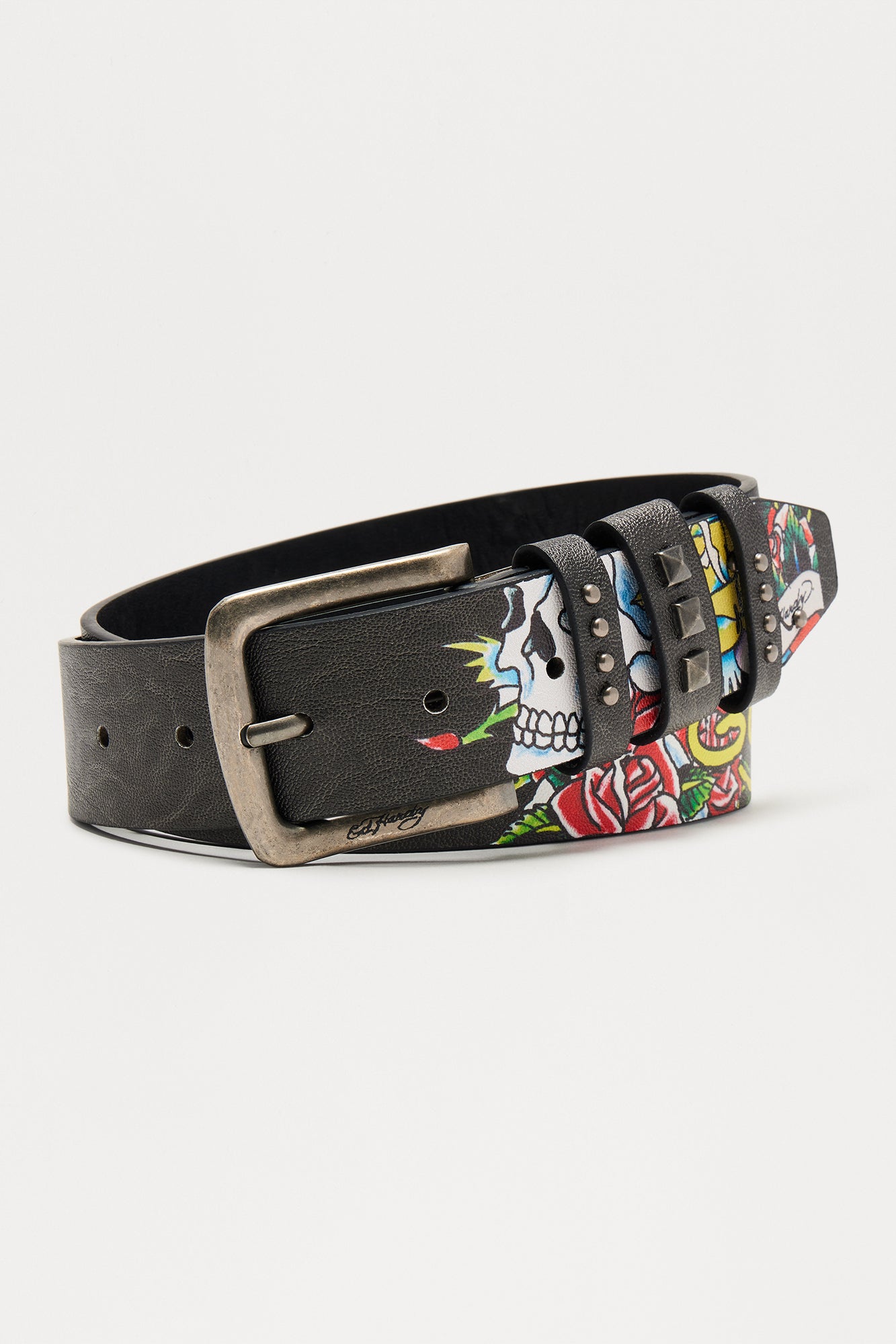 Ed Hardy Skulls & Roses Studded Belt - Black Fashion Nova