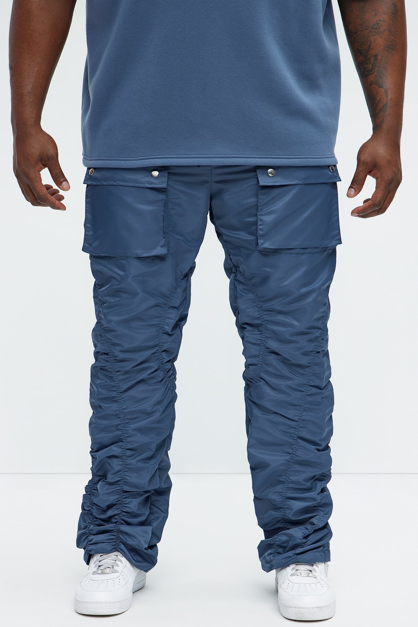 Scrunched Flared Nylon Cargo Pants - Blue Fashion Nova