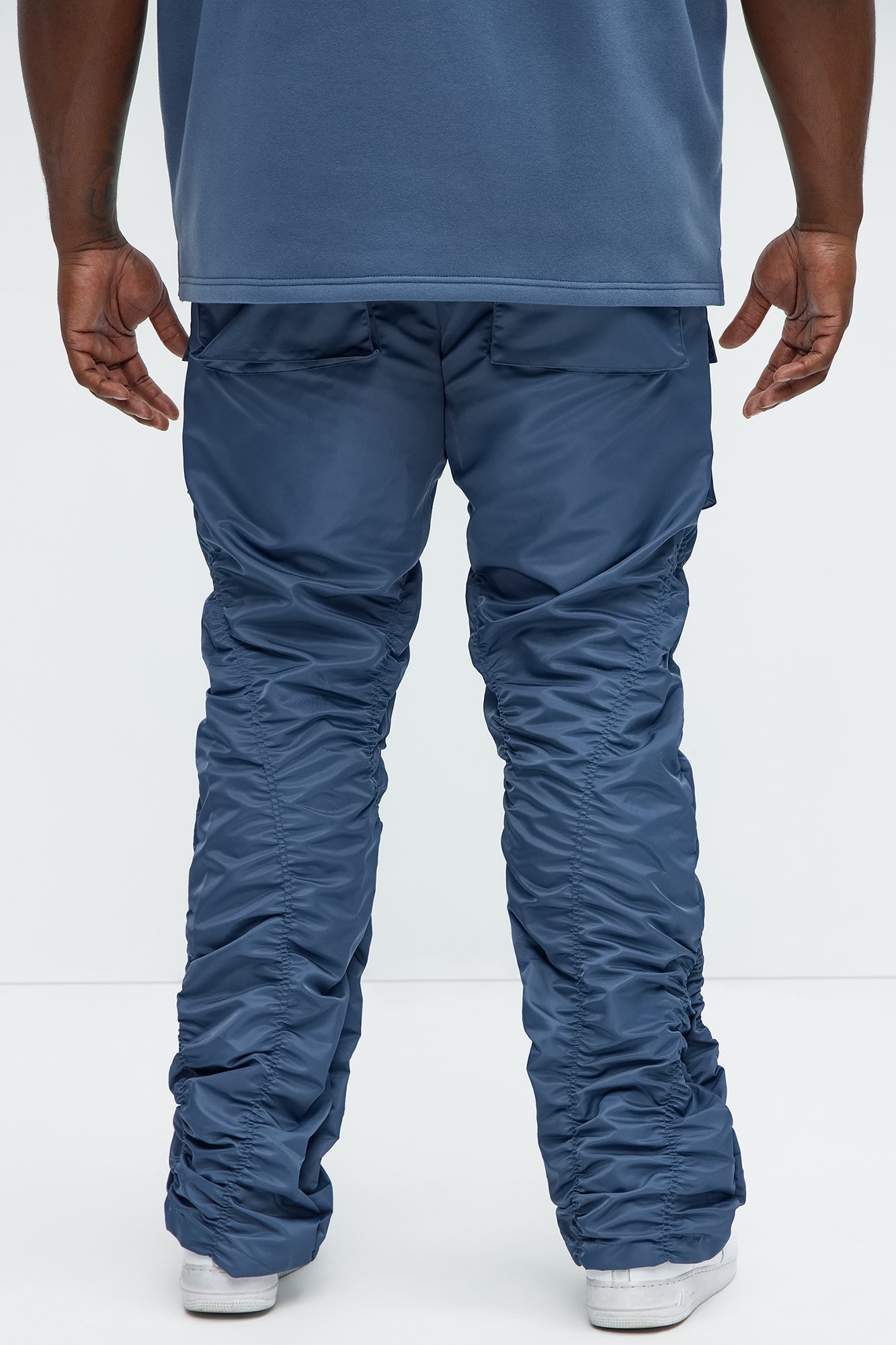 Scrunched Flared Nylon Cargo Pants - Blue Fashion Nova