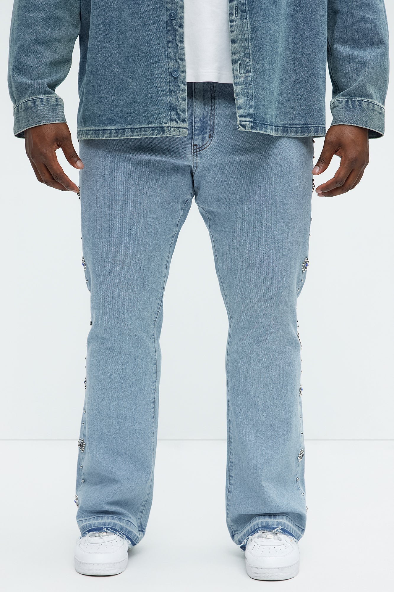 Western Studded Stacked Slim Flare Jeans - Light Wash Fashion Nova