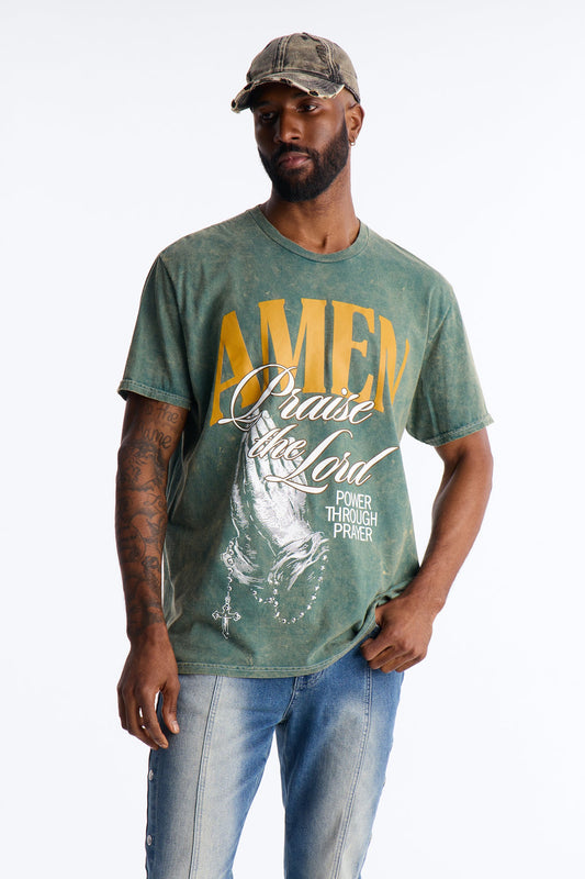 Amen Praise The Lord Rosary Studded Detail Graphic Short Sleeve Tee - Hunter Green Fashion Nova