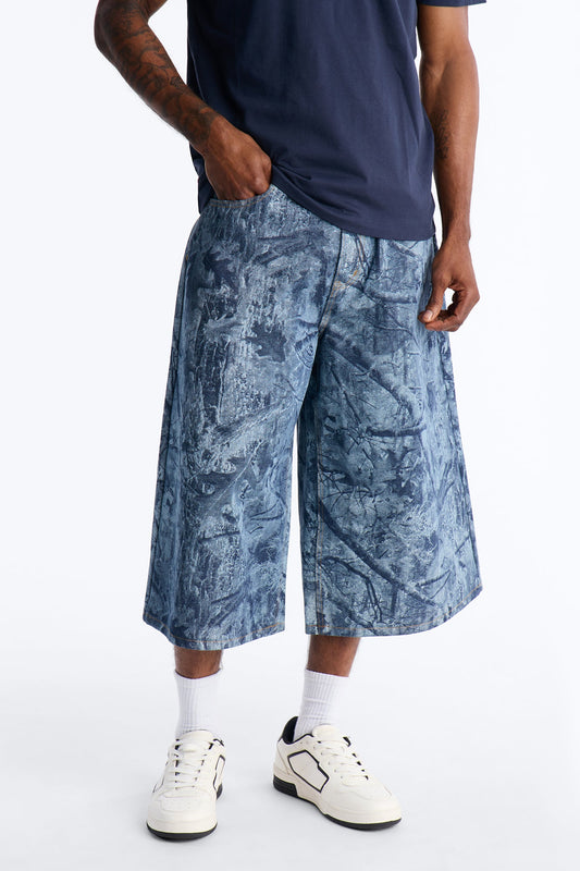 Super Baggy Concrete Camo Denim Short - Medium Blue Wash Fashion Nova