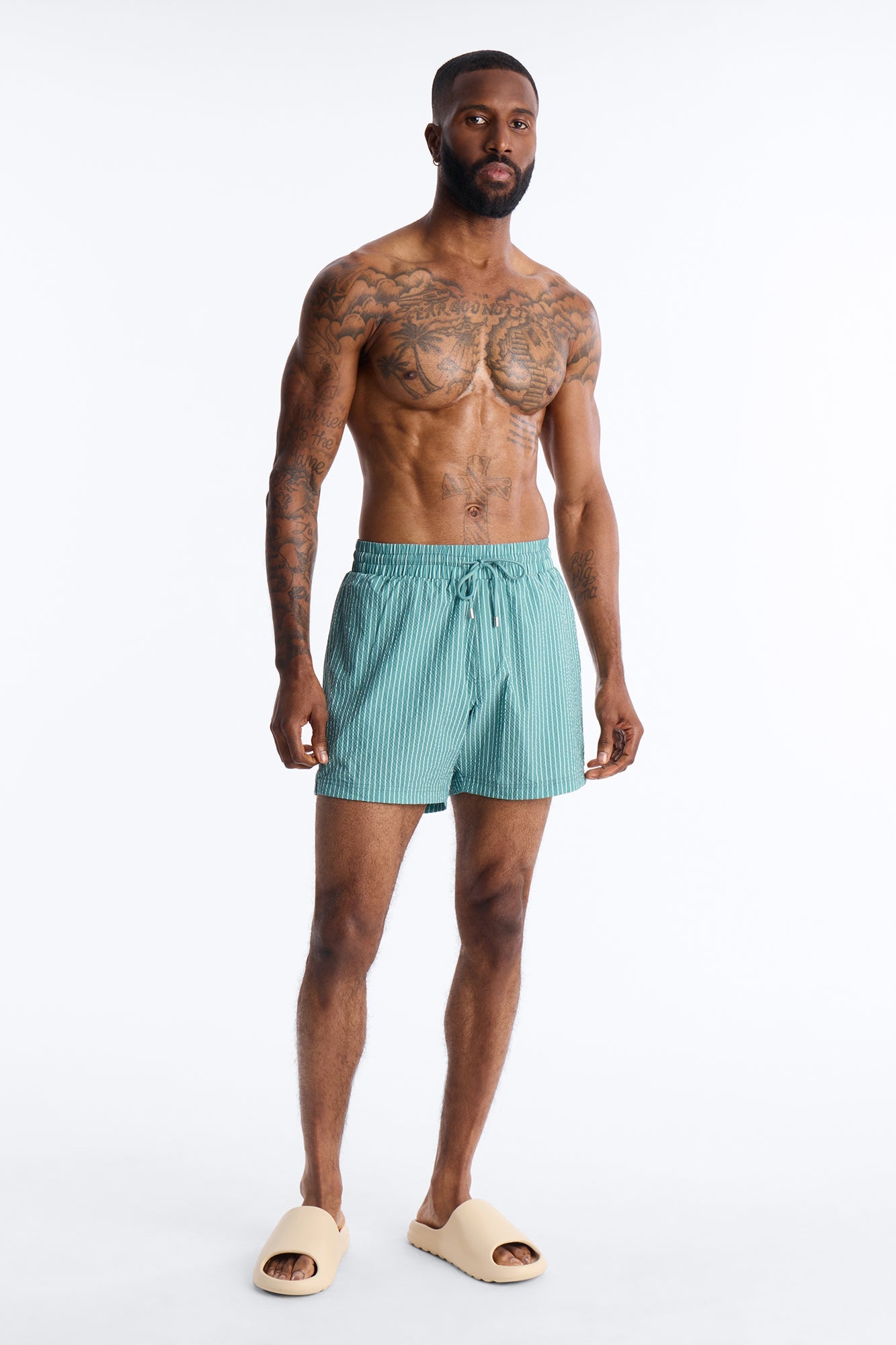 Striped Relaxin' Seersucker Swim Trunk 6″ - Green Fashion Nova