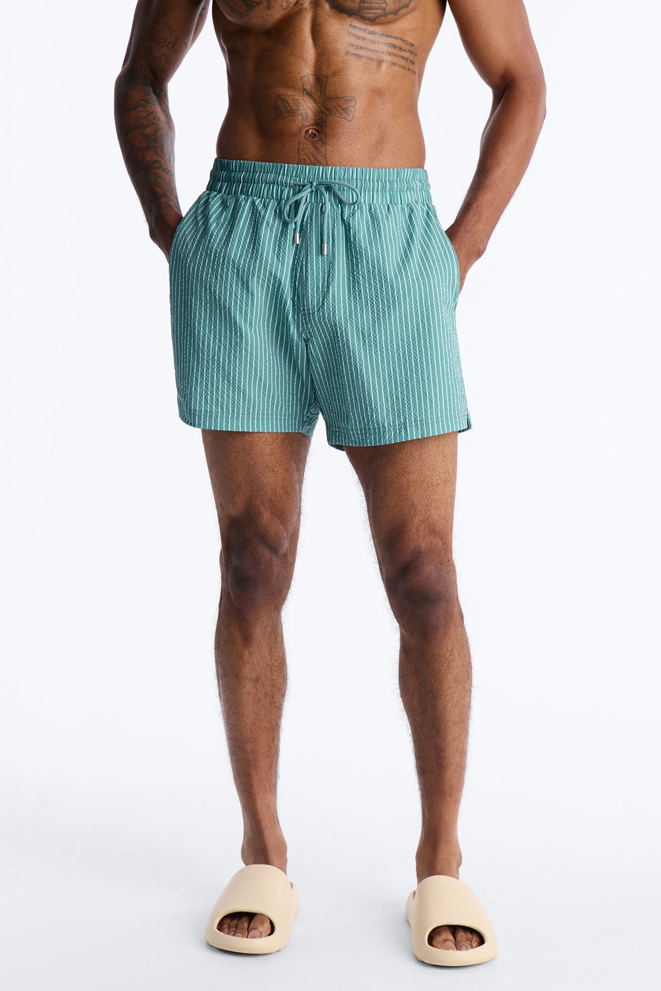 Striped Relaxin' Seersucker Swim Trunk 6″ - Green Fashion Nova