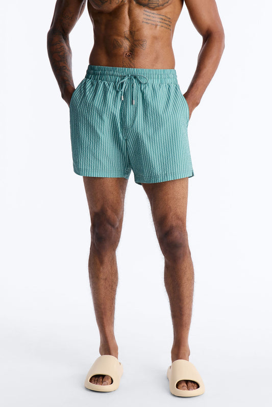 Striped Relaxin' Seersucker Swim Trunk 6″ - Green Fashion Nova