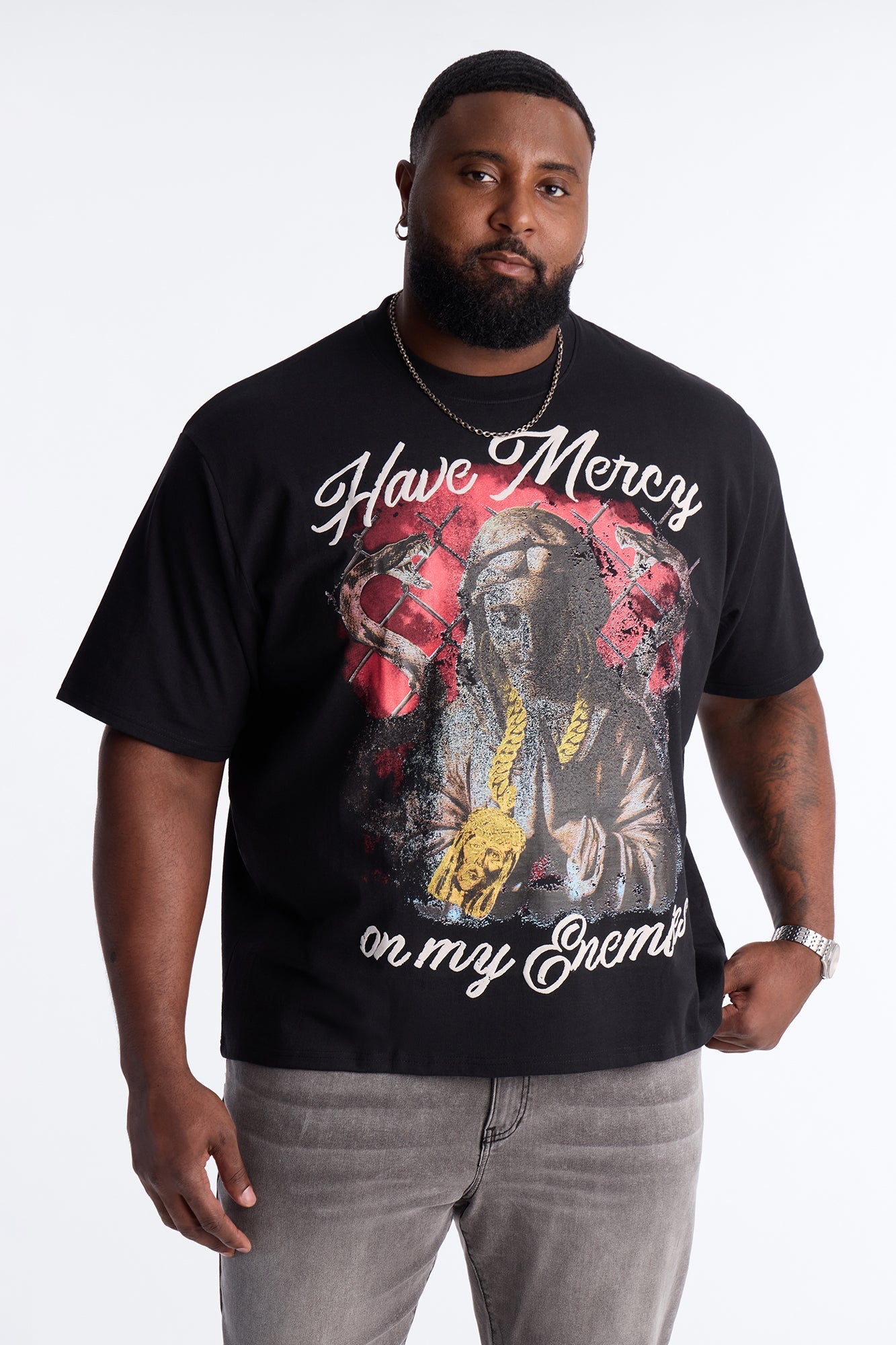 Have Mercy Glitter Print Short Sleeve Tee - Black Fashion Nova