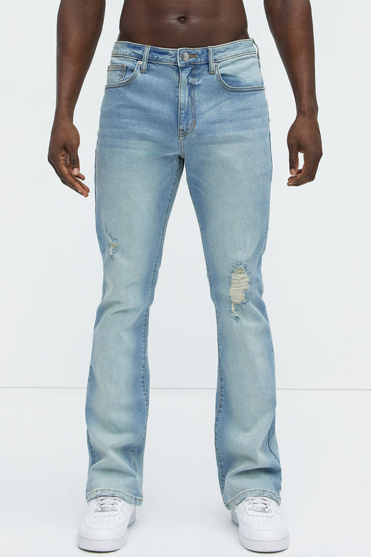 Take No L's Stacked Slim Flared Jeans - Medium Blue Wash Fashion Nova