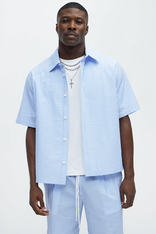 Seersucker Short Sleeve Button Up Shirt - Blue/combo Fashion Nova
