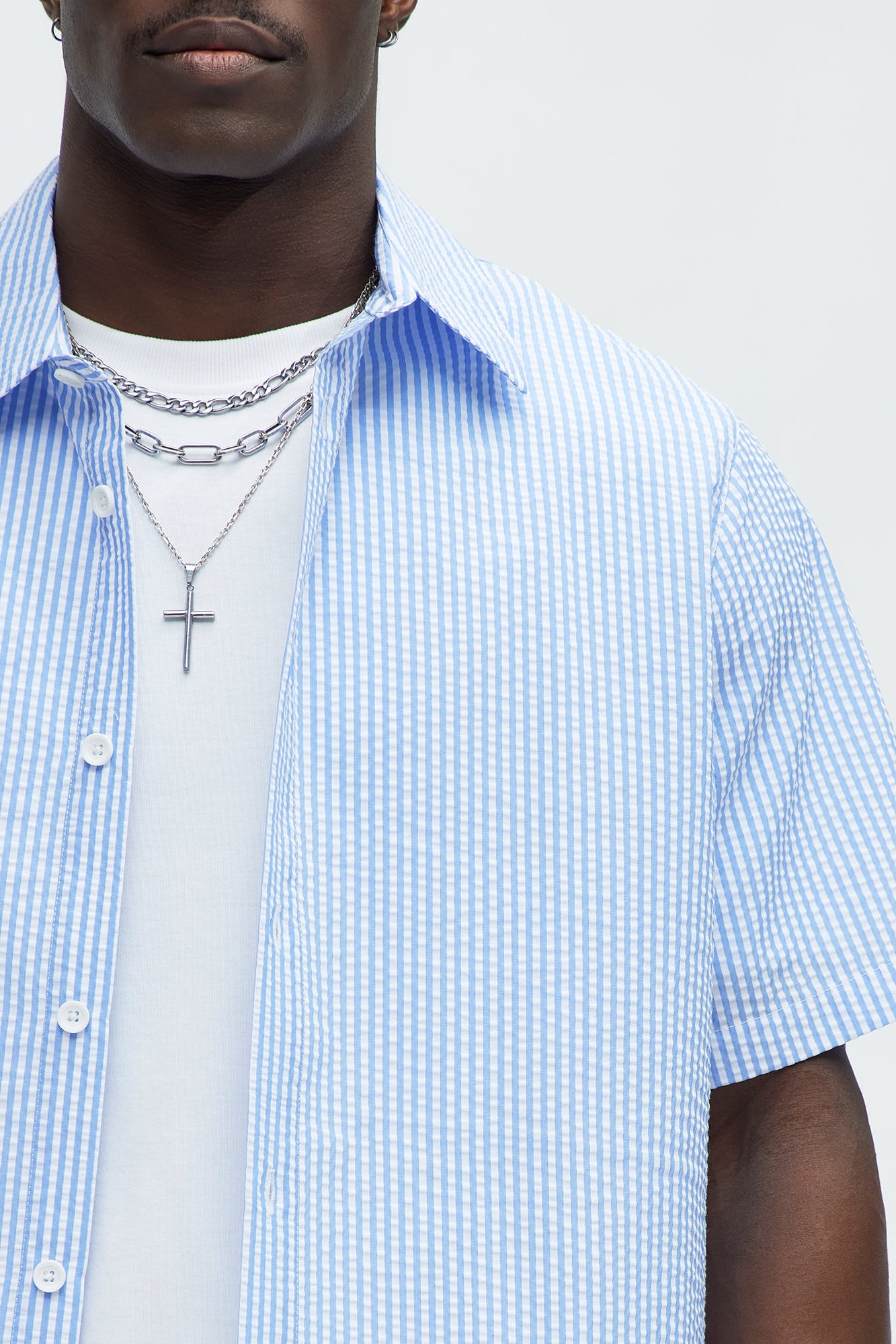Seersucker Short Sleeve Button Up Shirt - Blue/combo Fashion Nova