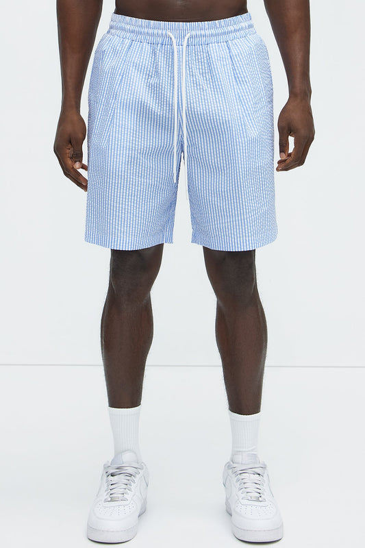 Seersucker Relaxed Shorts - Blue/combo Fashion Nova