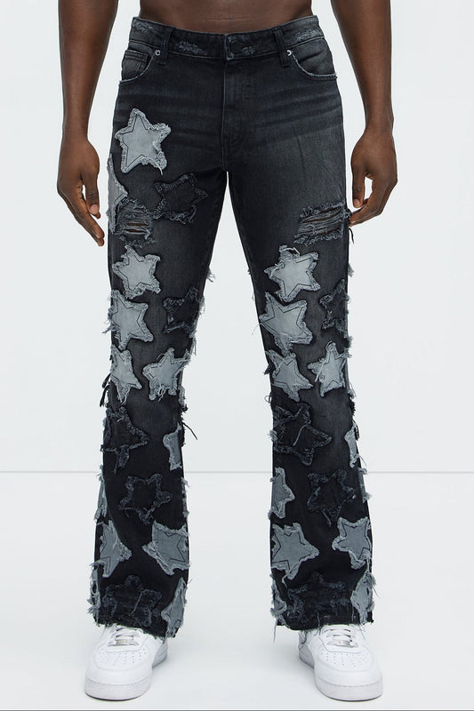 Counting Stars Stacked Slim Flare Jeans - Black Wash Fashion Nova