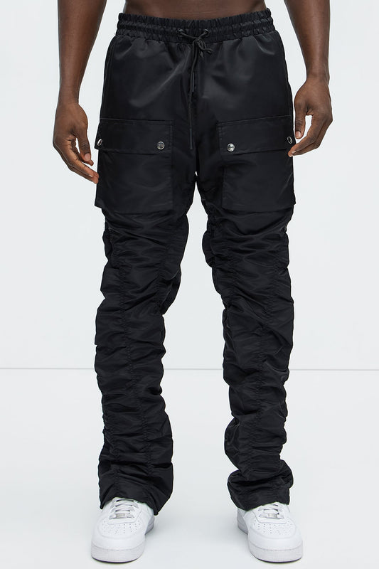 Scrunched Flared Nylon Cargo Pants - Black Fashion Nova