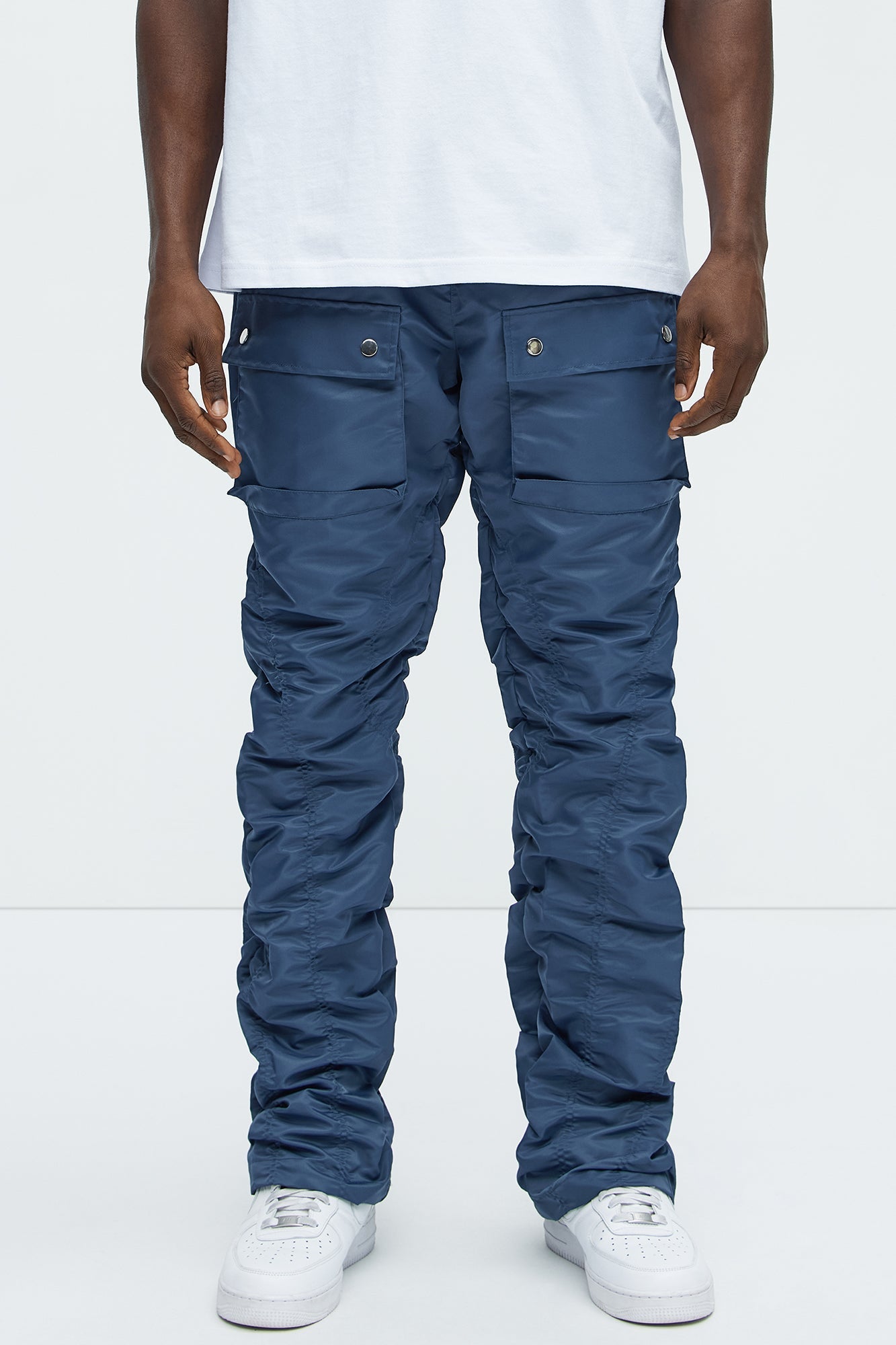 Scrunched Flared Nylon Cargo Pants - Blue Fashion Nova