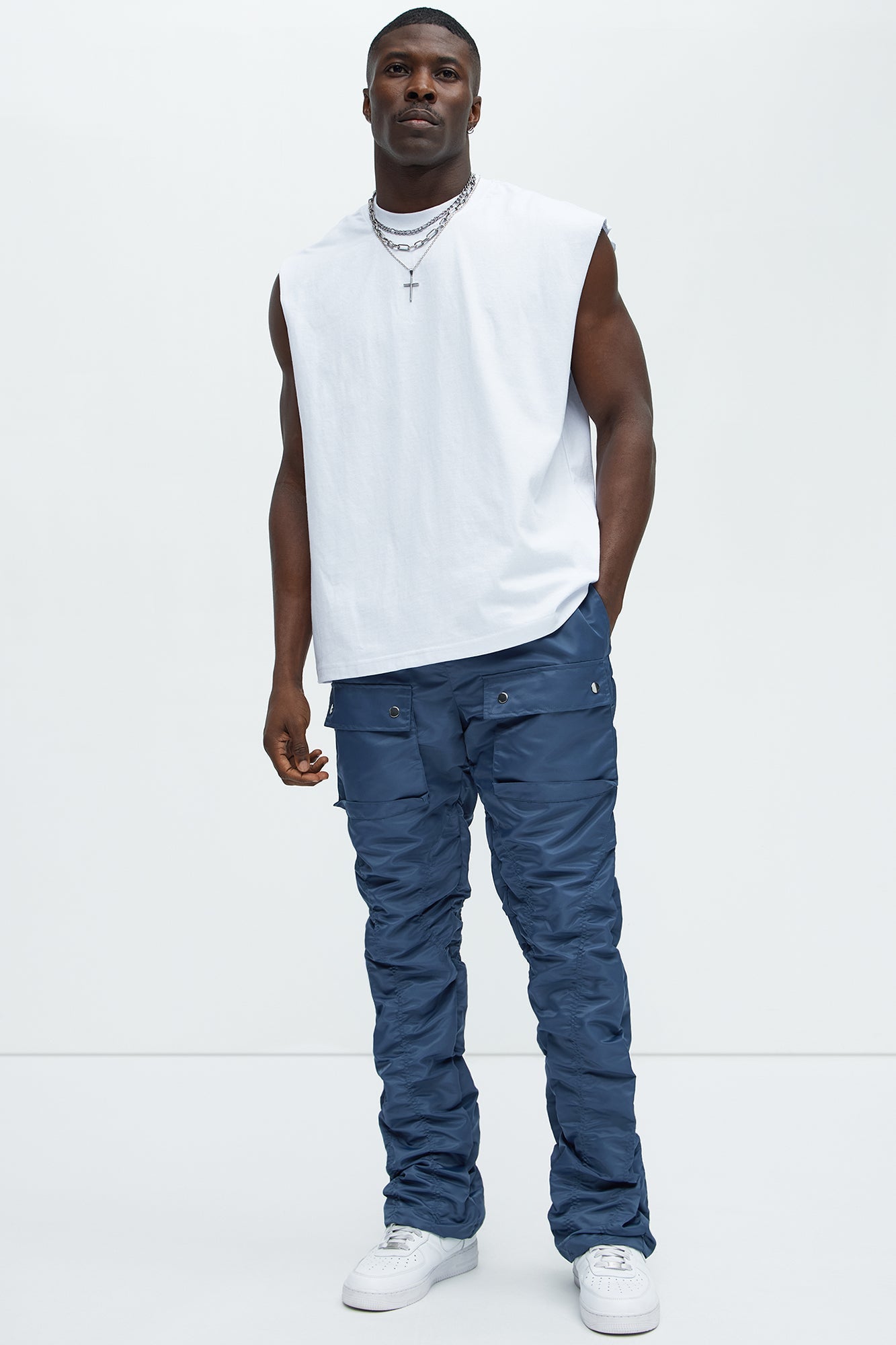 Scrunched Flared Nylon Cargo Pants - Blue Fashion Nova