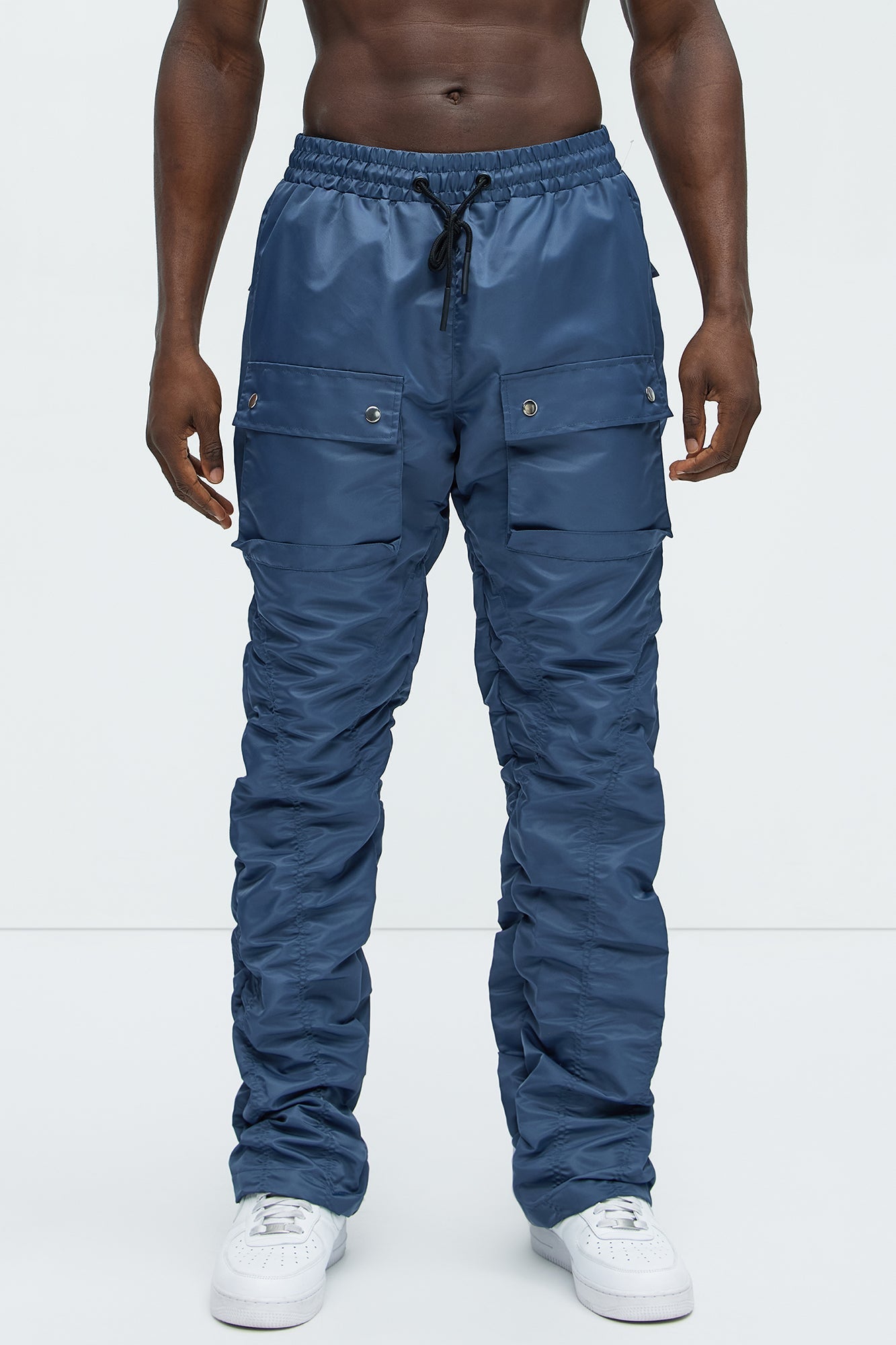 Scrunched Flared Nylon Cargo Pants - Blue Fashion Nova