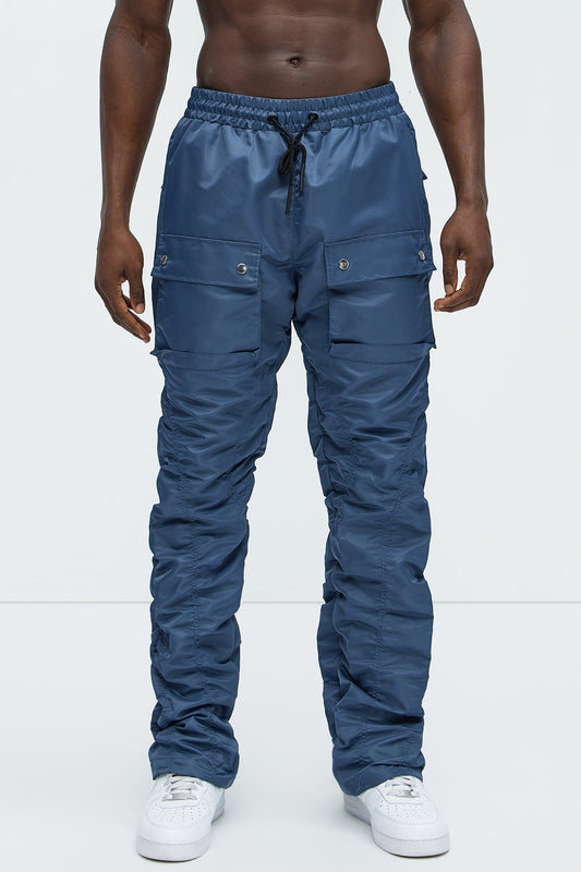 Scrunched Flared Nylon Cargo Pants - Blue Fashion Nova