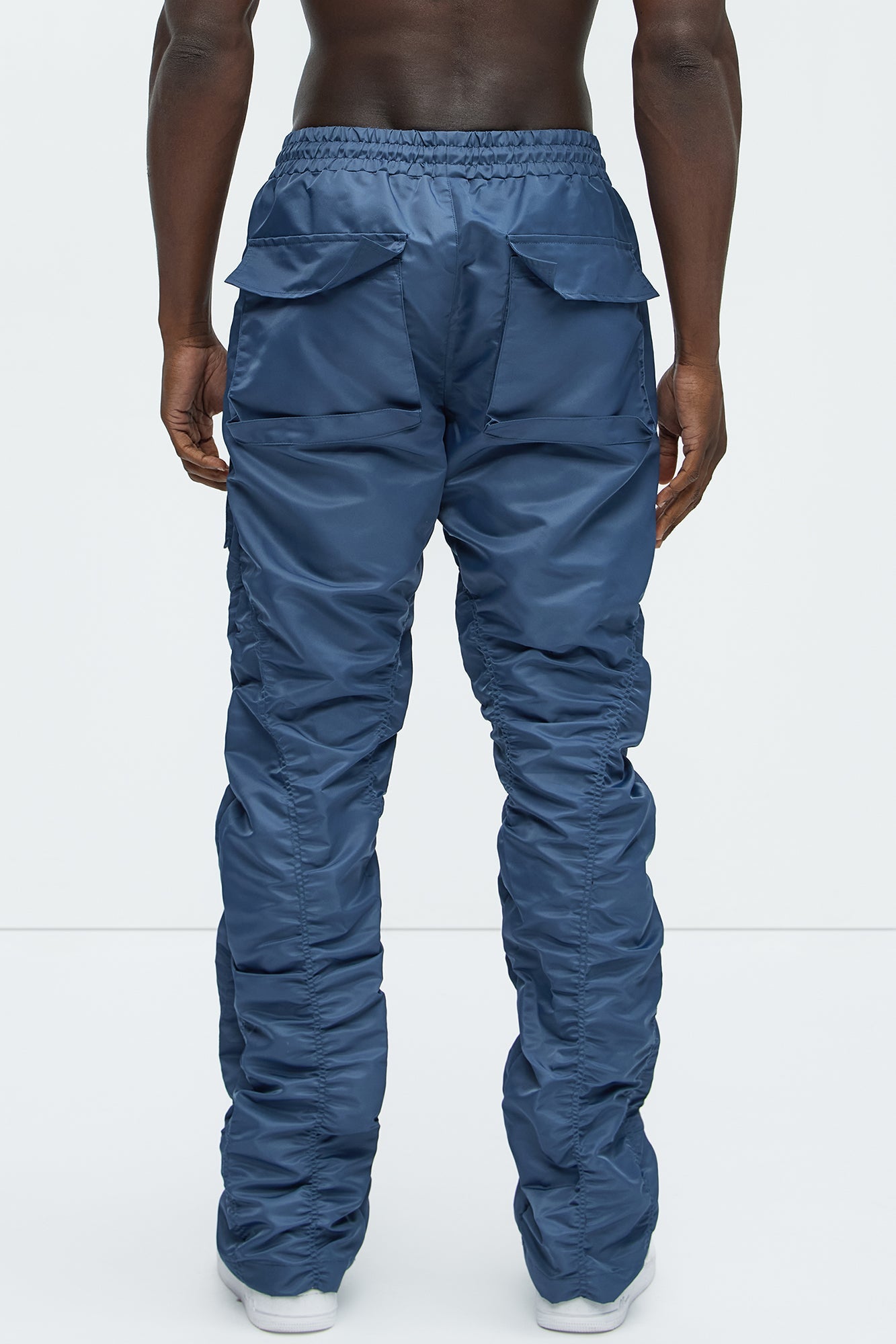 Scrunched Flared Nylon Cargo Pants - Blue Fashion Nova
